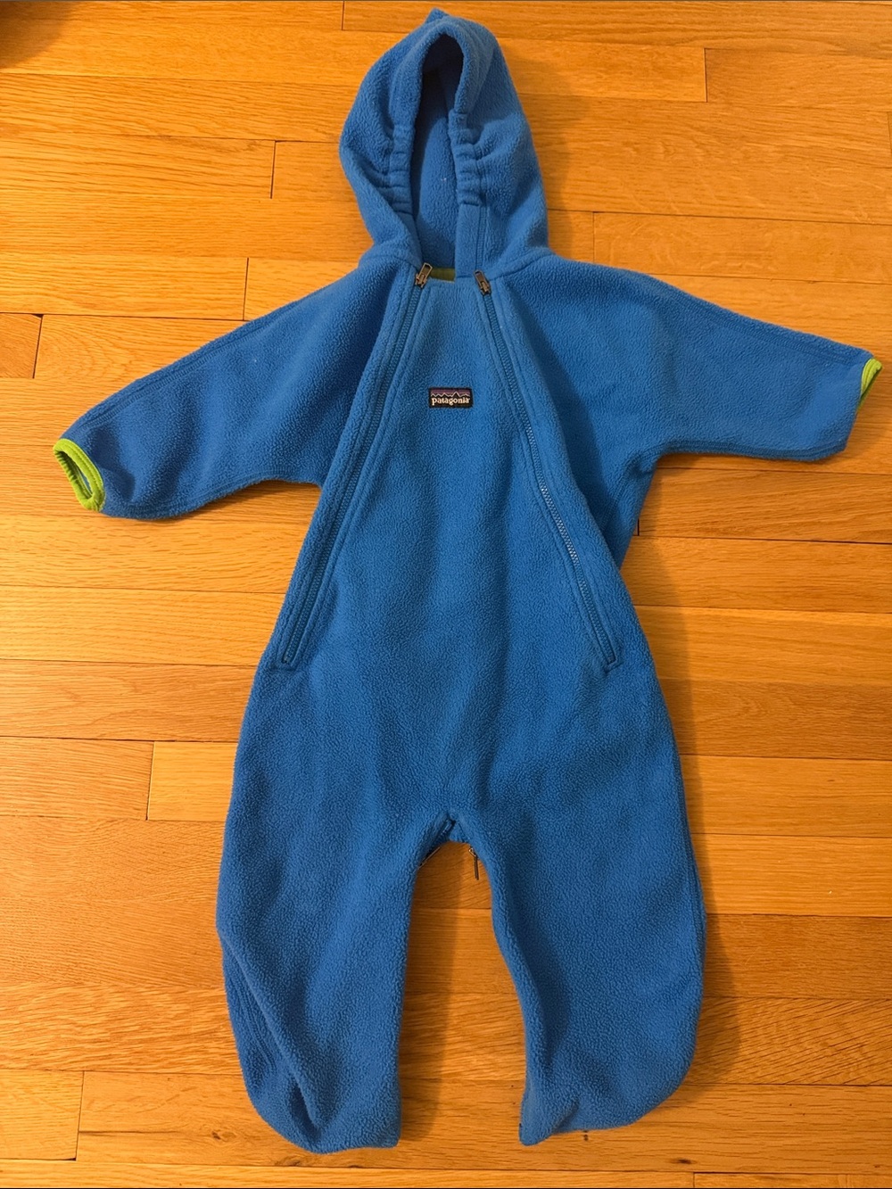 Patagonia Kids Bright Blue Hooded Fleece One-Piece with Lime Trim